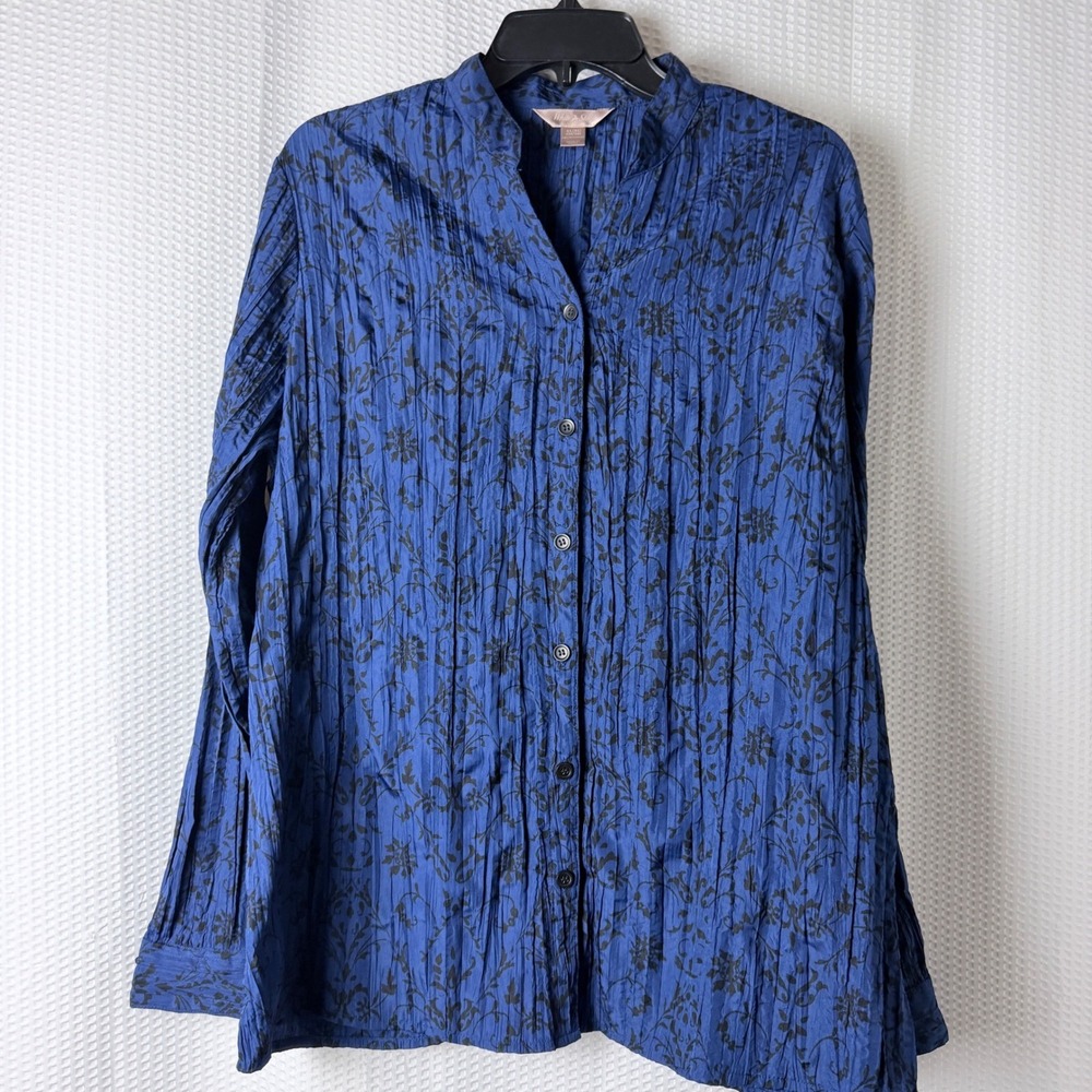 Women Whimsigoth Button Down Shirt XL Blue Floral Crinkle Pleated Boho Textured
